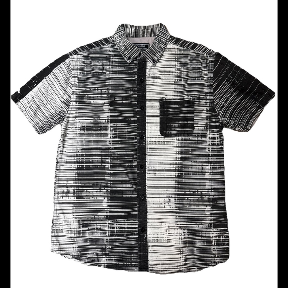 Creative Destruction Pinstripe Pattern Button Up Shirt SS 100% Cotton Men Sz M